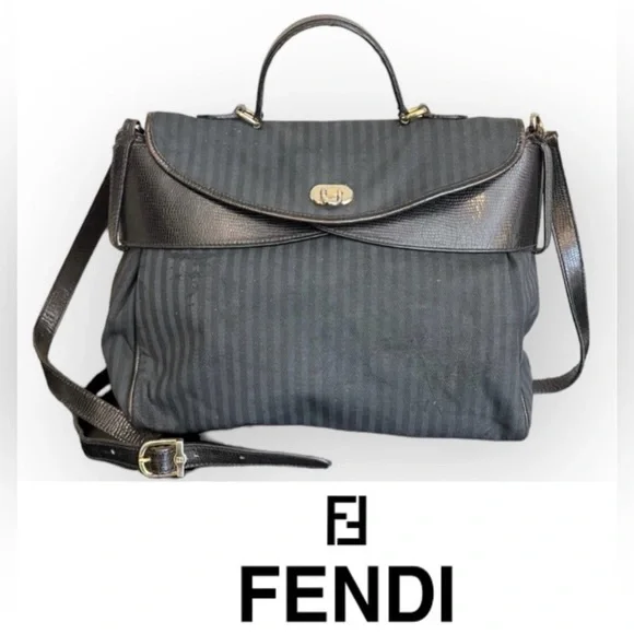 FENDI Vintage leather and coated canvas bag, striped, black 14”x10”, authentic - Picture 1 of 17